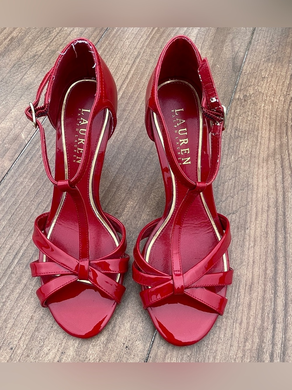 Lauren Ralph Lauren Red Patent T-Strap Knotted Open-Toe Heels